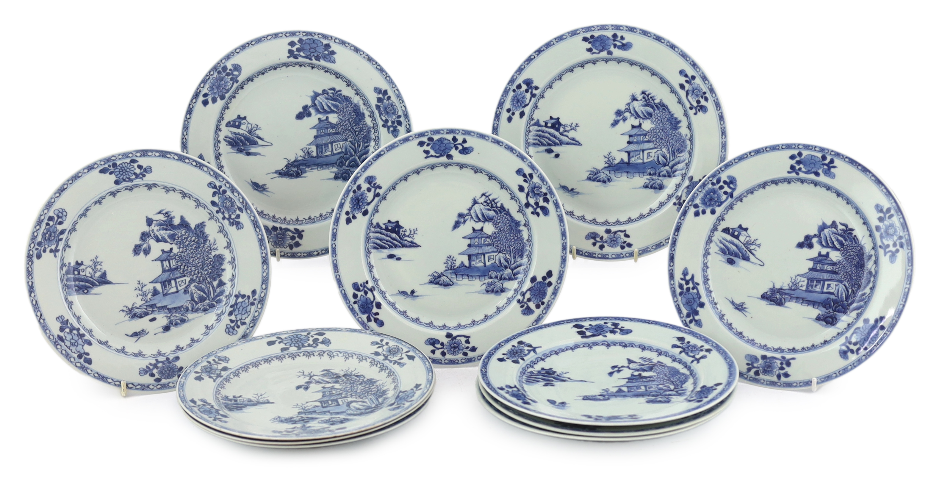 A set of twelve Chinese Nanking Cargo ‘Boatman’ blue and white plates, Qianlong period